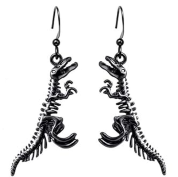 Dark Silver Gothic Dinosaur Skeleton Earrings Dino Bones Charm Goth Dangle New - Picture 1 of 3